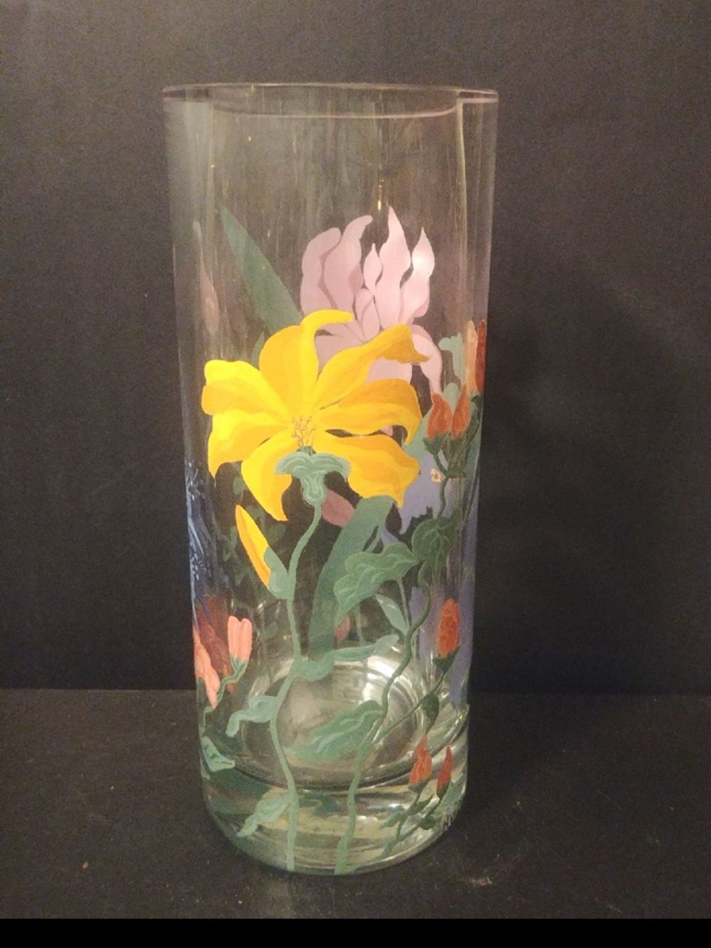 Pottery Barn Thick Glass Cylinder Canister Vase Custom Floral Painted